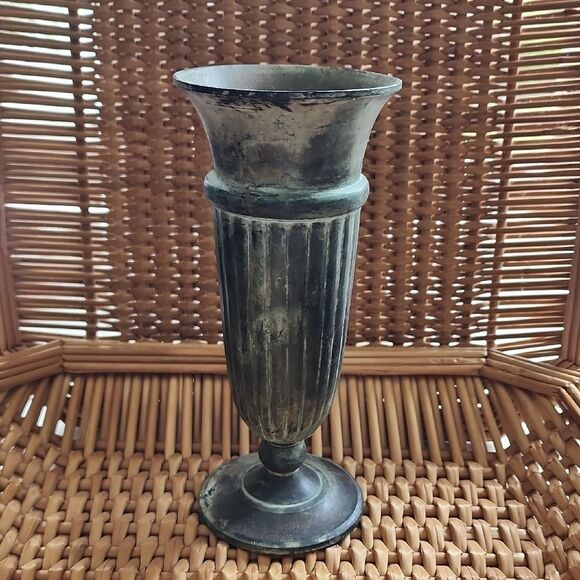 Verdigris Patina Bronze Vase Chalice Trumpet Flare Vintage Pedestal Vase - Picture 1 of 8
